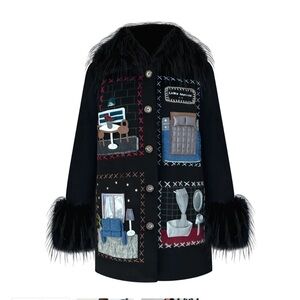 Chic Black Patchwork Coat with Faux Fur Trim